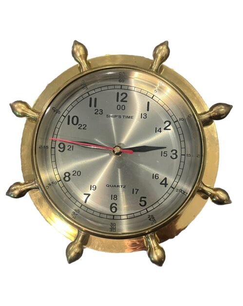 Vtg Ship's Time Solid Brass Wheel Nautical Marine Wall Clock Steering Helm Sea