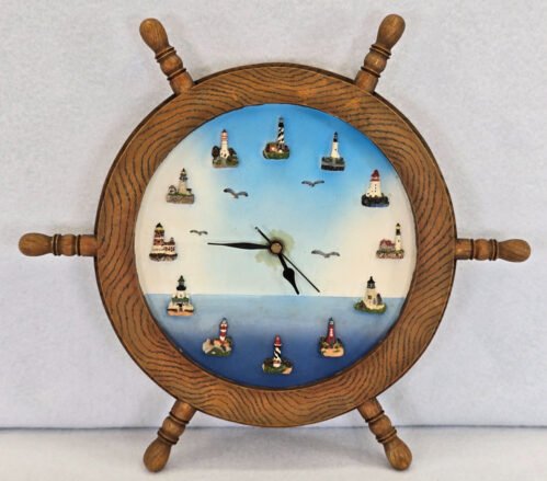 Vtg Ship Wheel Wall Clock Lighthouse Numbers Maritime Sounds Nautical Decor FLAW