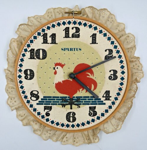 Vtg Spartus Wall Clock Rooster Chicken Fabric Clockface w/ Frills Farm Working