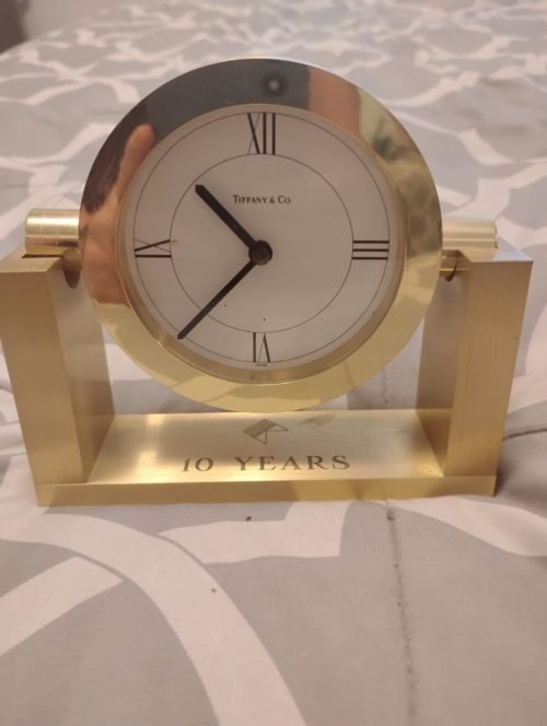 VTG TIFFANY & CO. Brass Swiss Made Quartz Desk Clock. Modern Tilt Design