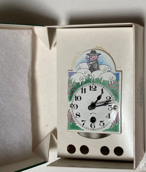 Vtg. Tiny Wintermantel German Porcelain Face Wall Clock w/Pendulum & Key "Sheep"