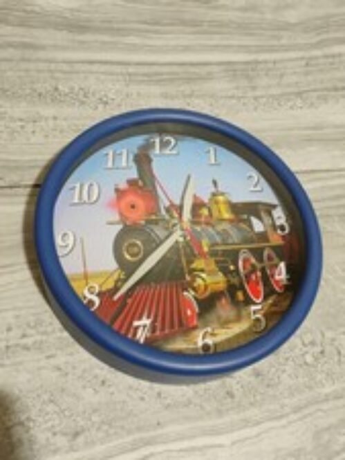 Vtg Train Graphic Printed 8" Wall Clock Sound and Light Locomotive Railroad