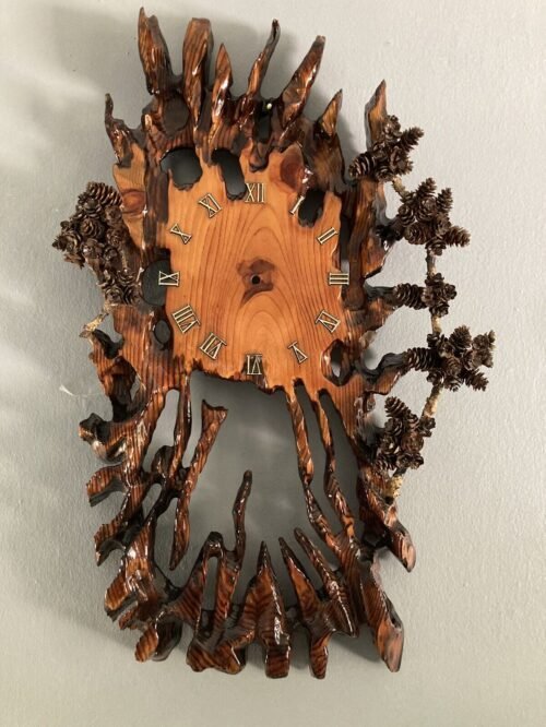 Vtg Unique Burl Wood 1980s Large Wall Clock Lacquered w Mini Pine Cones Signed