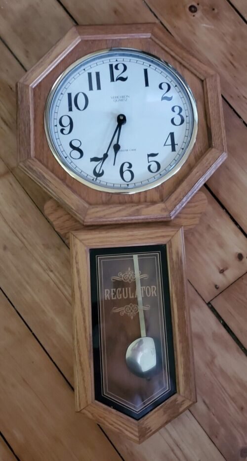 Vtg Verichron Pendulum Regulator Antique Quartz Wall Clock Wood Working 27 Inch