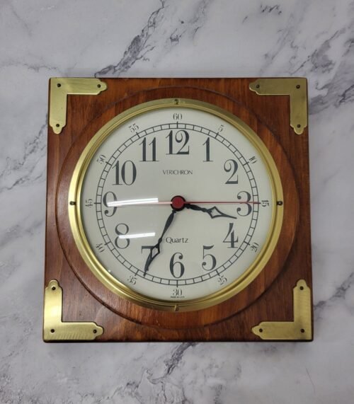 VTG Verichron Quartz Square Wood & Brass Wall Clock