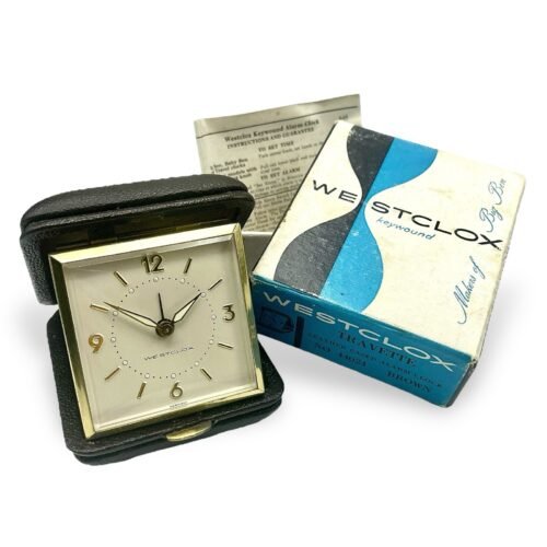 Vtg WESTCLOX TRAVETTE Alarm Clock Brown Leather Cased Papers Box Minty Travel!
