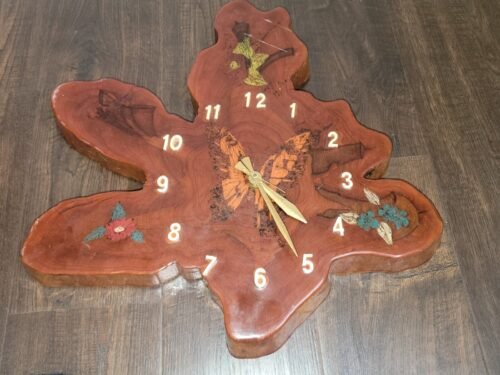 Vtg Wood Wall Clock Slab Lacquer Mid Century Modern Butterfly Tested Working