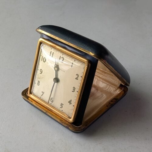 vtg Working Used Phinney Walker Blue Clamshell Case Wind-Up Travel Alarm Clock