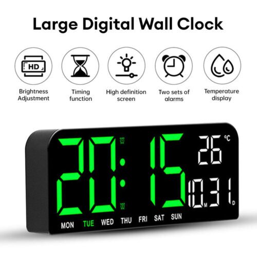 Wall Mounted Digital Wall Watch Green Light Large Wall Clocks Temp Date Week 4