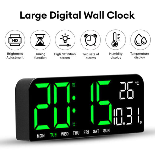 Wall Mounted Digital Wall Watch Green Light Large Wall Clocks Temp Date Week