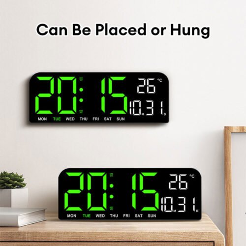 Wall-Mounted Digital Wall Watch Green Light Large Wall Clocks Temp Date Week US