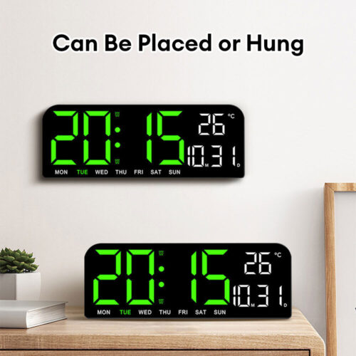 Wall Mounted Digital Wall Watch Green Light Large Wall Clocks Temp Date Week US