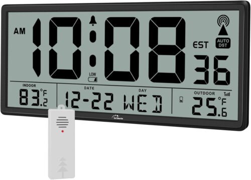 WallarGe 14.5" Atomic Clock Jumbo Digital Wall Clock with Indoor/Outdoor Temp