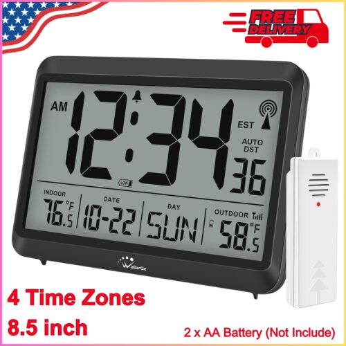WallarGe Atomic Clock with Indoor Outdoor Temperature, Self-Setting Wall Clock