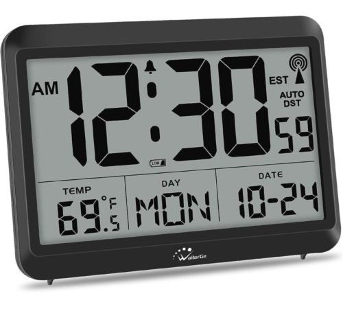 WallarGe Atomic Clock with Indoor Temperature, Self-Setting Digital With Seconds