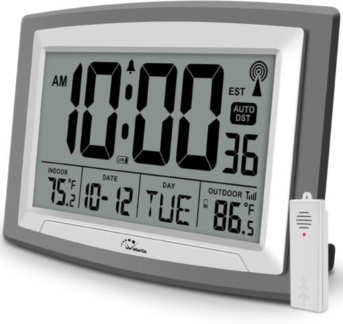 WallarGe Atomic Clock with Outdoor and Indoor Temperature - 12.5 Inch Self-Setti