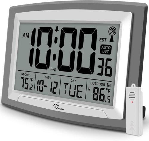 Wallarge Atomic Clock with Outdoor and Indoor Temperature - Self-Setting Alarm D