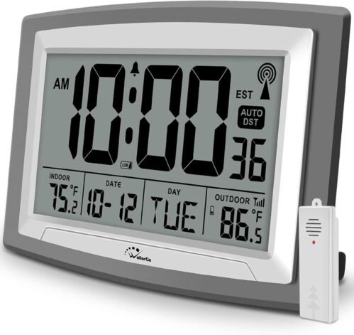 Wallarge Atomic Clock with Outdoor and Indoor Temperature - Self-Setting Alarm D