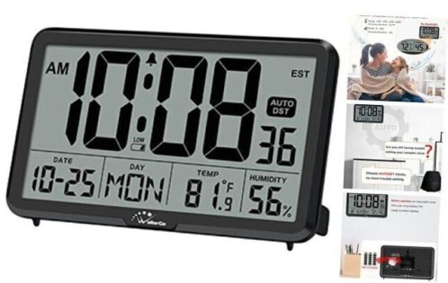 WallarGe Auto Set Digital Wall Clock Battery Operated, Desk Clocks with Black