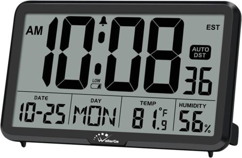 WallarGe Auto Set Digital Wall Clock Battery Operated, Desk Clocks with Black