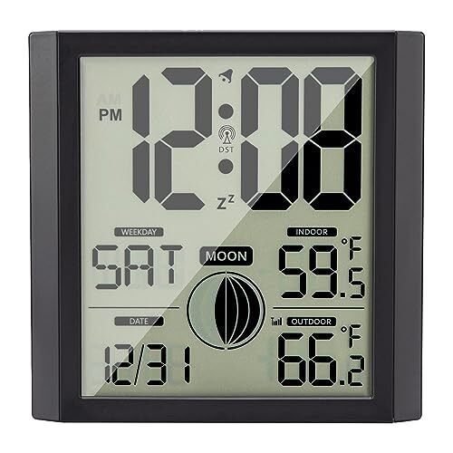 Wall Clock- Atomic Clock with Indoor Outdoor Temperature Digital Wall Black