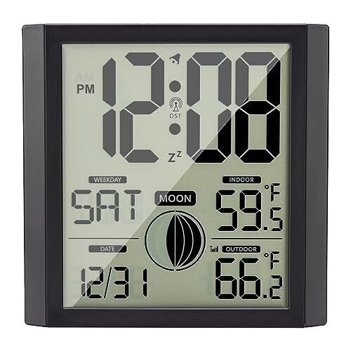 Wall Clock- Atomic Clock with Indoor Outdoor Temperature Digital Wall Black