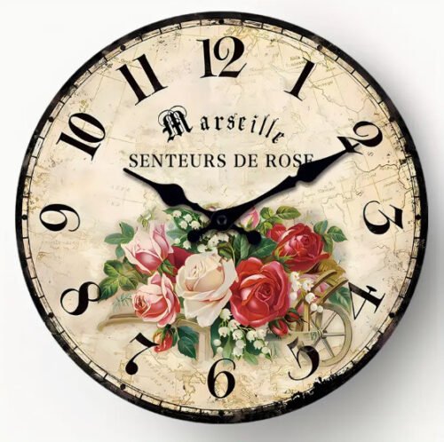 WALL CLOCK- Country Rose Wooden Round Wall Clock, Silent No Ticking 10"