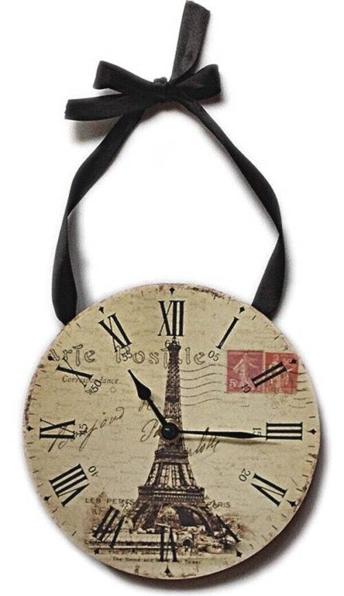 Wall Clock - Vintage Design -Eiffel Tower & Stamps w/Ribbon for hanging! 6 3/4"