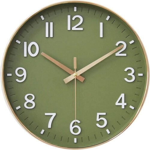 Wall Clock 12 Inch Battery Operated Silent Non Ticking Modern Olive Green Gold