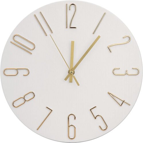 Wall Clock 12 Inch Silent Non-Ticking Imitation Wood Indoor Clock round White...