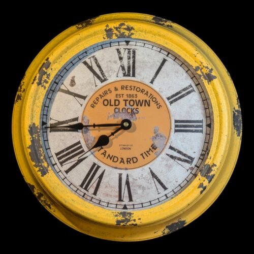 Wall Clock 14.5" Yellow Old Town Repairs Retro Style Glass Face Metal Outer Edge