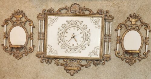 Wall Clock 34in. x 33in Vintage Wooden Frame Shabby Chic Design W/ Sconces 1963