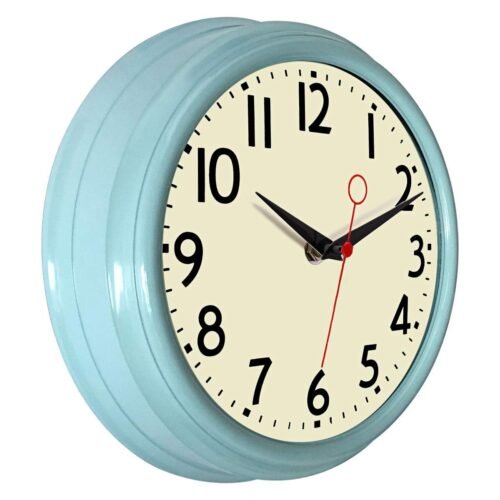 Wall Clock 9.5Inch Blue Kitchen 50s Vintage Design Round Silent Non Ticking Batt