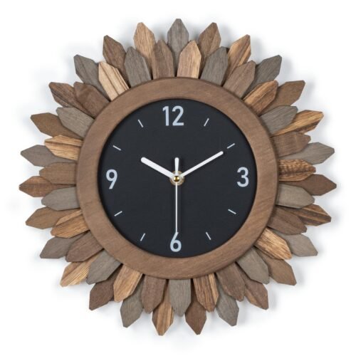 Wall Clock Battery Operated 12 in Rustic Wood Boho Sunburst Decorative Wall C...