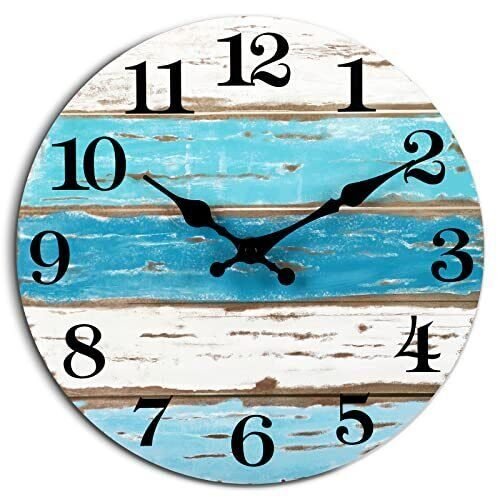 Wall Clock Beach Themed Blue Wall Clocks Battery Operated Silent Nonticking Vint