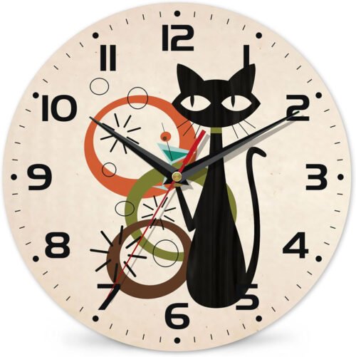 Wall Clock, Black Cat Wall Clocks Wooden Wall Clock Art Hanging Clocks Silent No