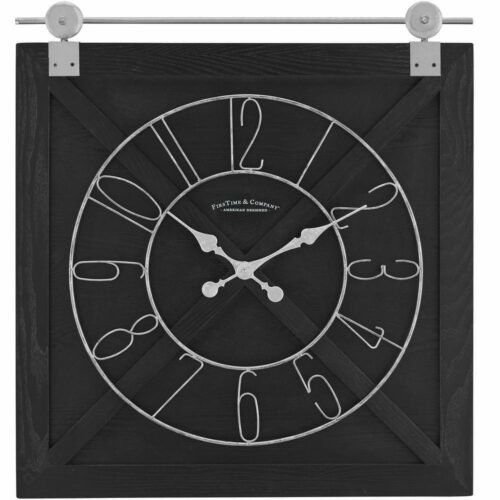 Wall Clock Black Farmstead Barn Door Design Wooden Frame 29 in. H x 27 in. W