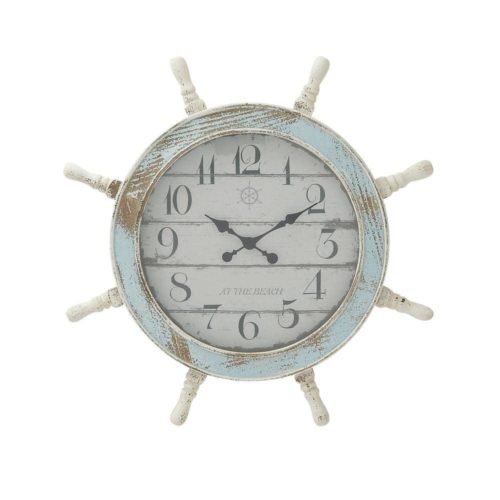 Wall Clock Coastal Distressed Blue Wood Carving Wheel Sail Boat Analog Round