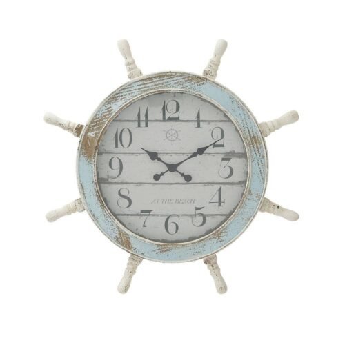 Wall Clock Coastal Distressed Blue Wood Carving Wheel Sail Boat Analog Round
