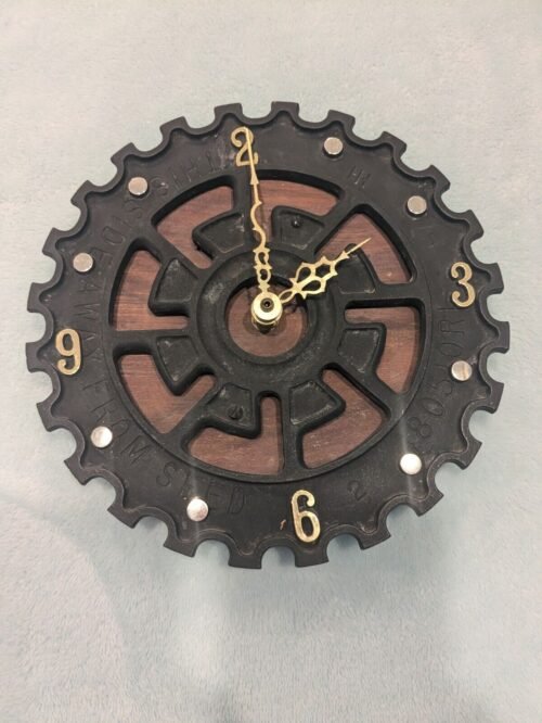 WALL CLOCK Collectible Battery Clock 8" D Blk Cast Iron Cog Wheel Shape (A2)
