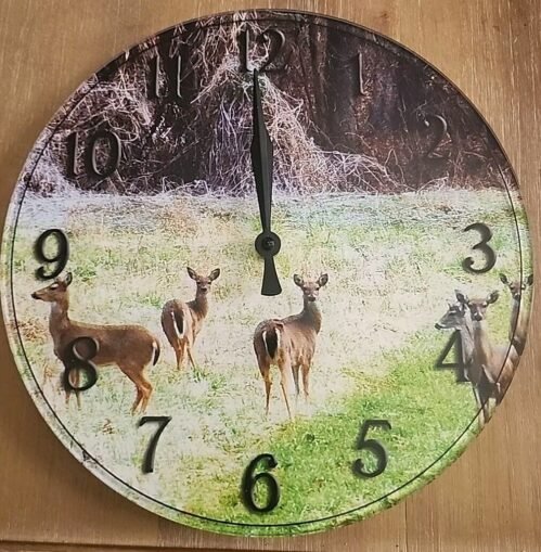 Wall Clock Deer Tree RiveTicking Clock Woods Deer Grass 10" Numbers