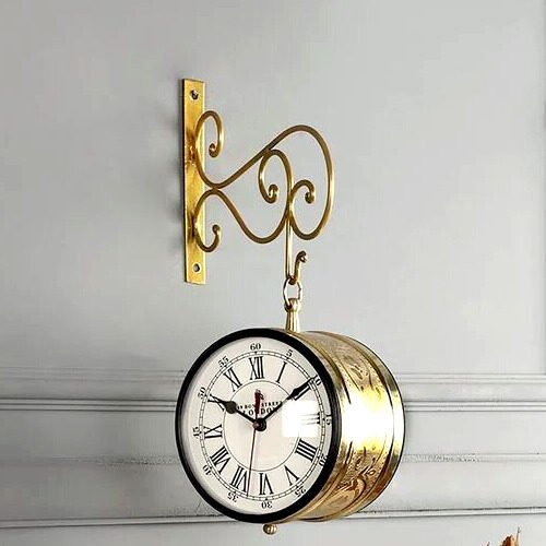 Wall Clock Dual Side Victoria Station Clock Dial Metal Carving Roman Clock