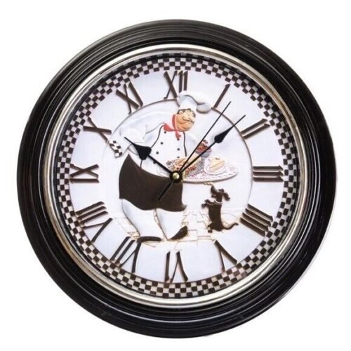 Wall Clock Fat Italian Chef French Baker Analog Battery Round White Black 12 in