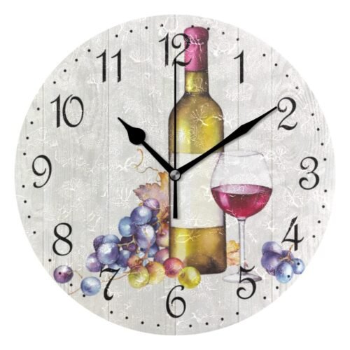 Wall Clock Grape Wine Red Bottle Silent Non-Ticking Decorative Wall Clocks Ba...