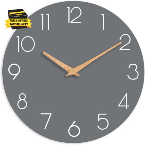Wall Clock, Gray Silent Non-Ticking, Decorative Battery Operated Wall Clocks for