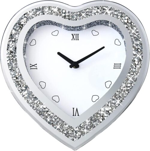 Wall Clock, Heart Shaped Mirror Cute Diamond inch, Silver