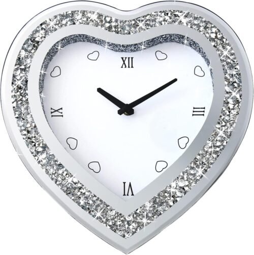 Wall Clock, Heart-Shaped Mirror Cute Diamond 12x12 inch, Silver