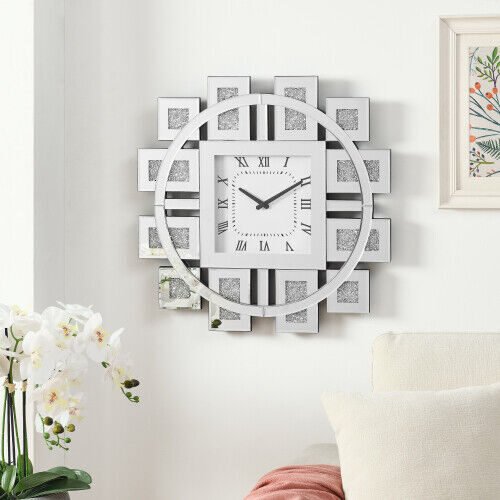 Wall Clock in Mirrored & Faux GemStones Diamond Mirrored Clock Home Decoration