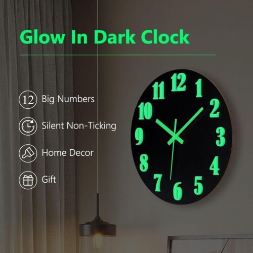 Wall Clock Large Luminous Quartz Night Light Glow In The Dark Silent Home 12 in