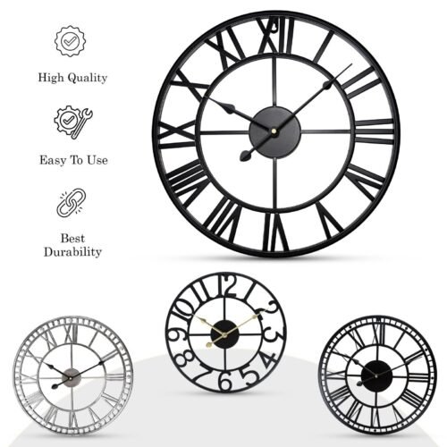 Wall Clock Roman Round Face White Large Roman Numerals Skeleton Designed Garden